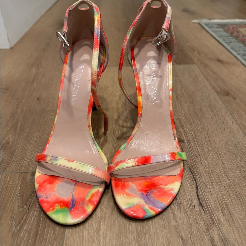 Stuart Weitzman Multicolor Watercolor Print Strappy Heels